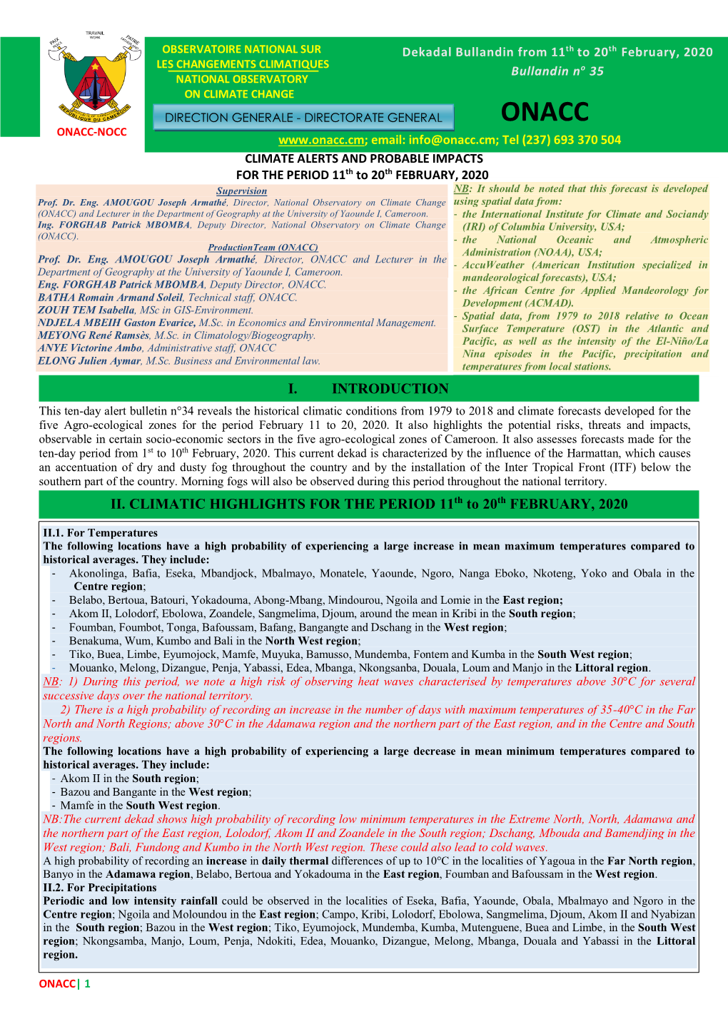 II. CLIMATIC HIGHLIGHTS for the PERIOD 11Th to 20Th FEBRUARY, 2020