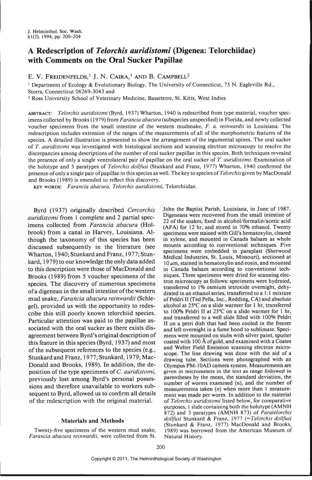 A Redescription of Telorchis Auridistomi (Digenea: Telorchiidae) with Comments on the Oral Sucker Papillae