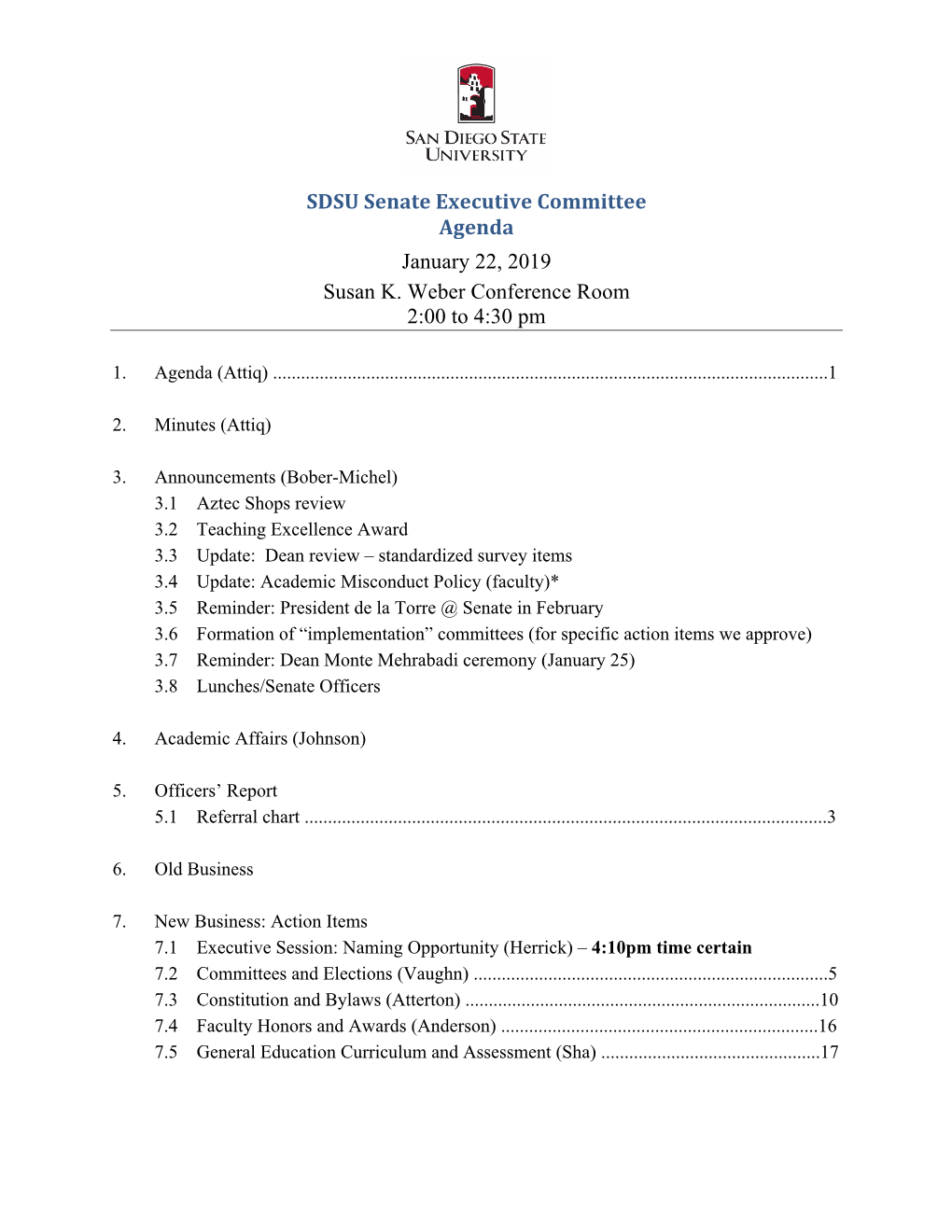 SDSU Senate Executive Committee Agenda January 22, 2019 Susan K