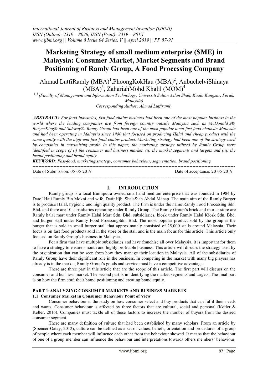 Consumer Market, Market Segments and Brand Positioning of Ramly Group, a Food Processing Company