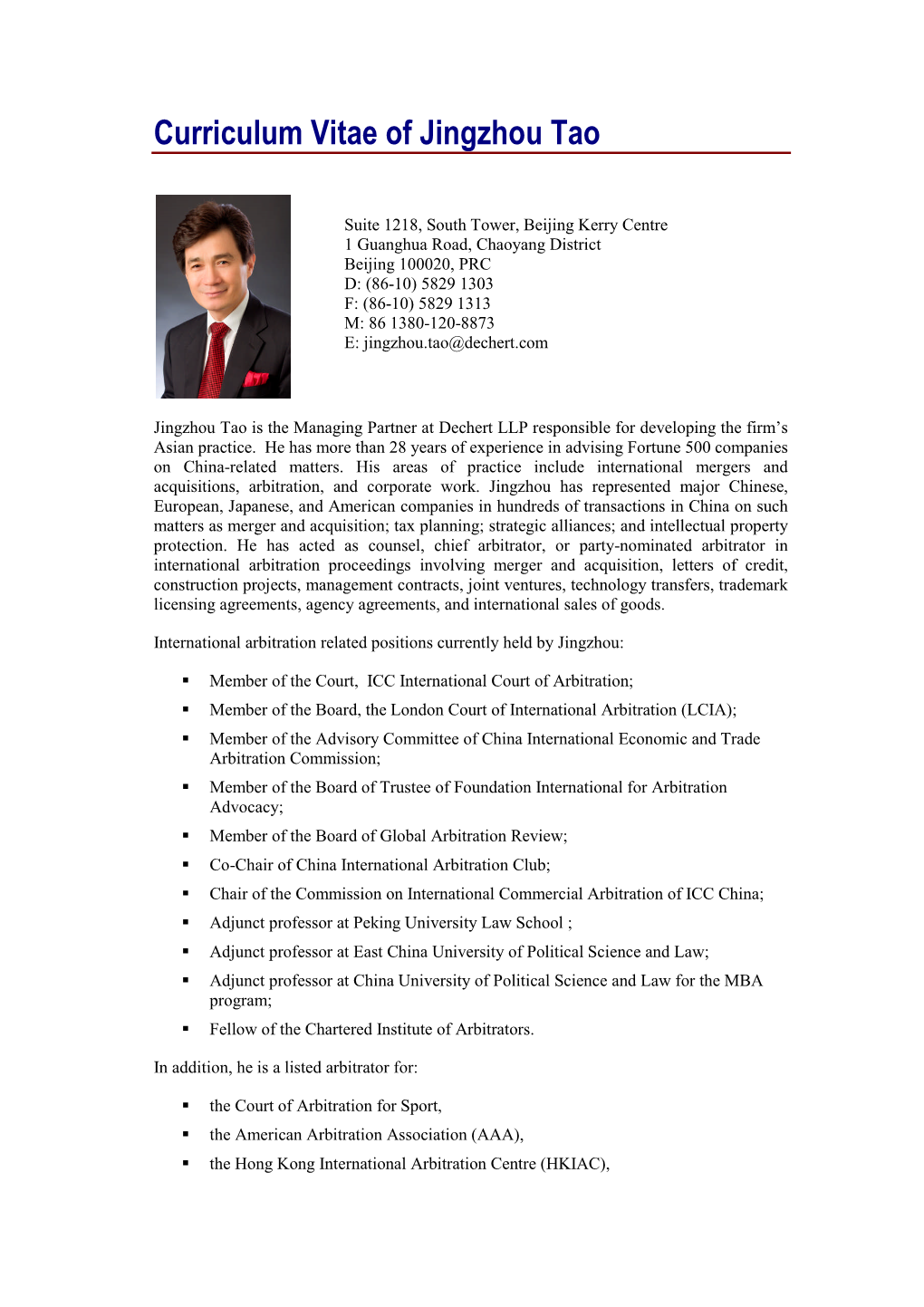 Curriculum Vitae of Jingzhou Tao