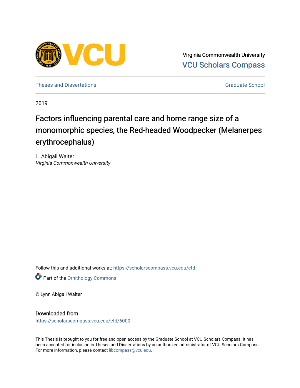 Factors Influencing Parental Care and Home Range Size of a Monomorphic Species, the Red-Headed Woodpecker (Melanerpes Erythrocephalus)