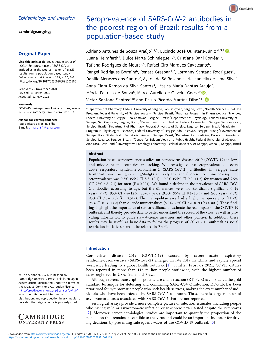 Seroprevalence of SARS-Cov-2 Antibodies in the Poorest Region of Brazil: Results from a Cambridge.Org/Hyg Population-Based Study