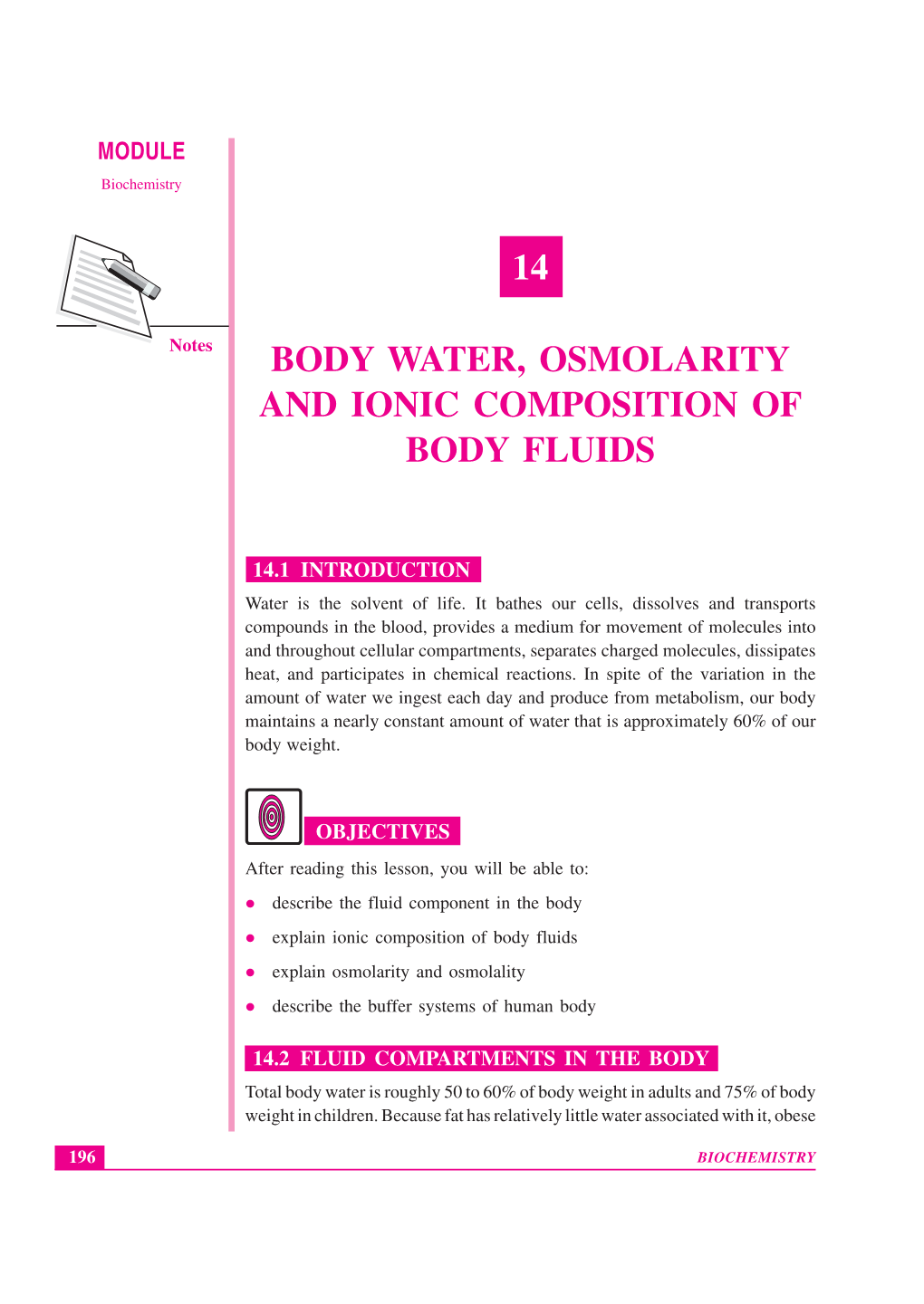 Lesson 14. Body Water, Osmolarity and Ionic Composition of Body Fluids