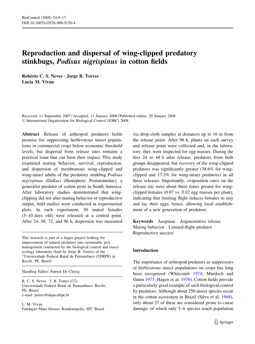 Reproduction and Dispersal of Wing-Clipped Predatory Stinkbugs, Podisus Nigrispinus in Cotton ﬁelds