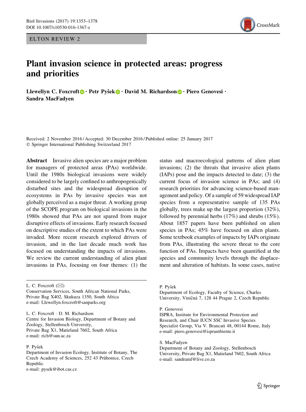Plant Invasion Science in Protected Areas: Progress and Priorities