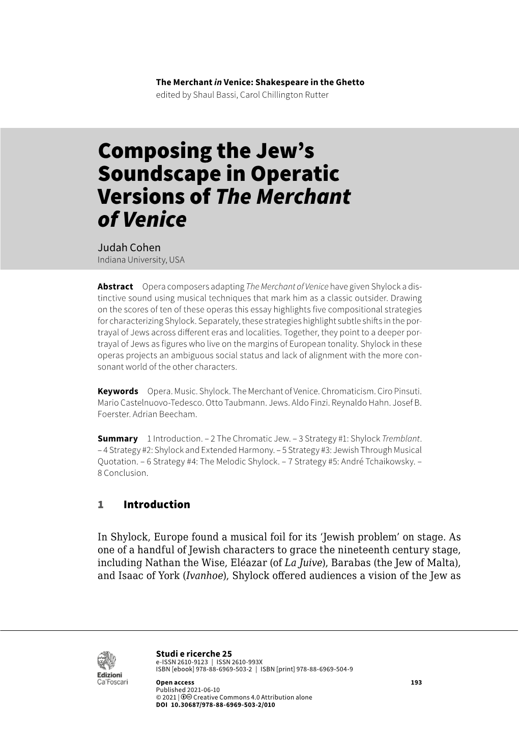 Composing the Jew's Soundscape in Operatic Versions of the Merchant of Venice