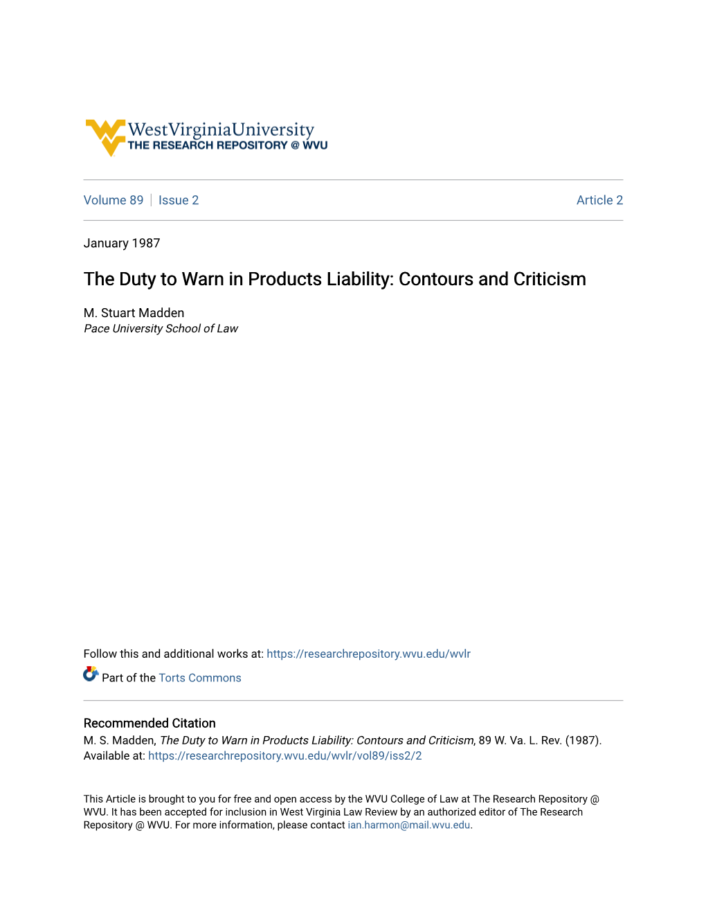The Duty to Warn in Products Liability: Contours and Criticism
