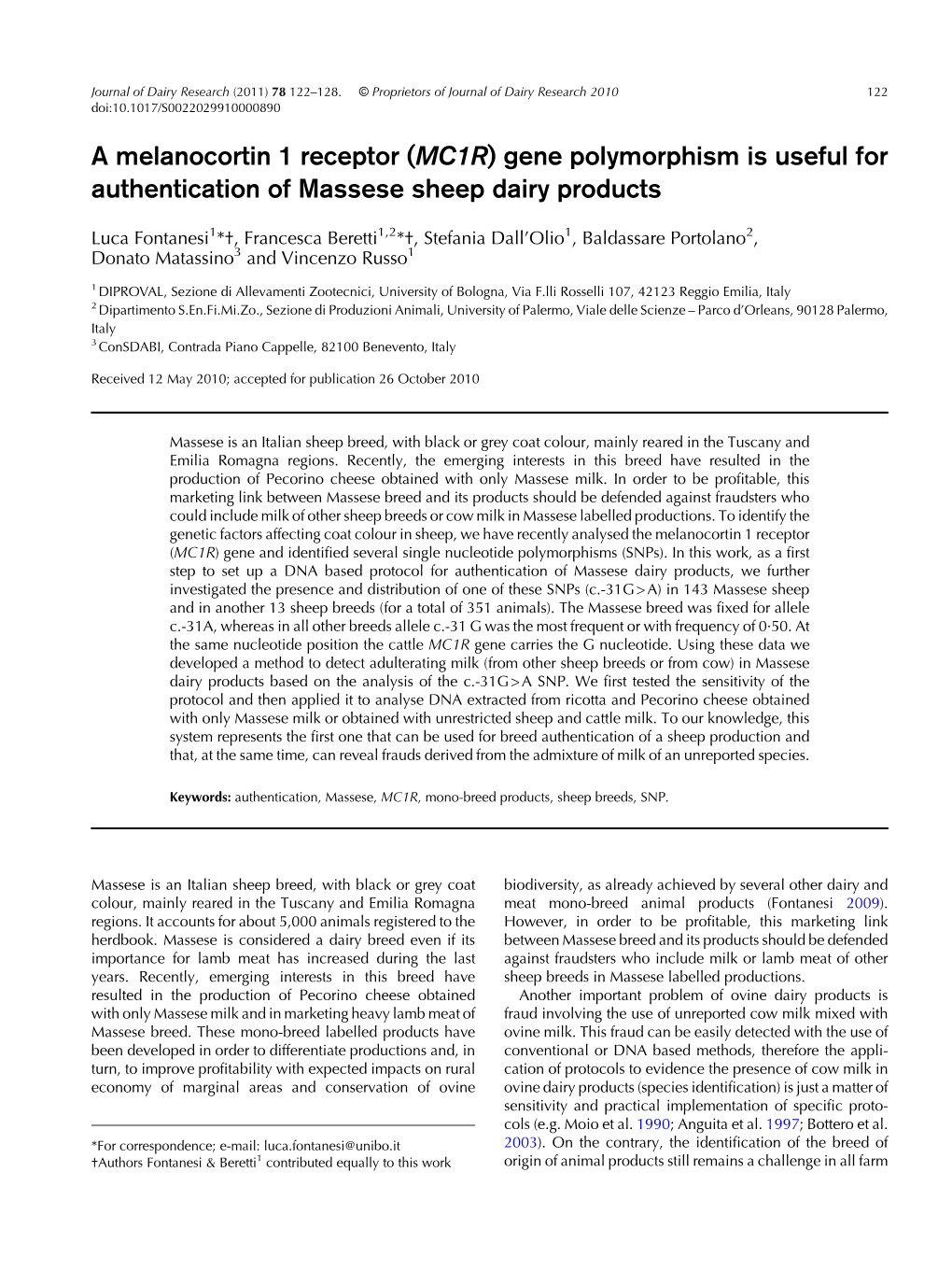 MC1R) Gene Polymorphism Is Useful for Authentication of Massese Sheep Dairy Products