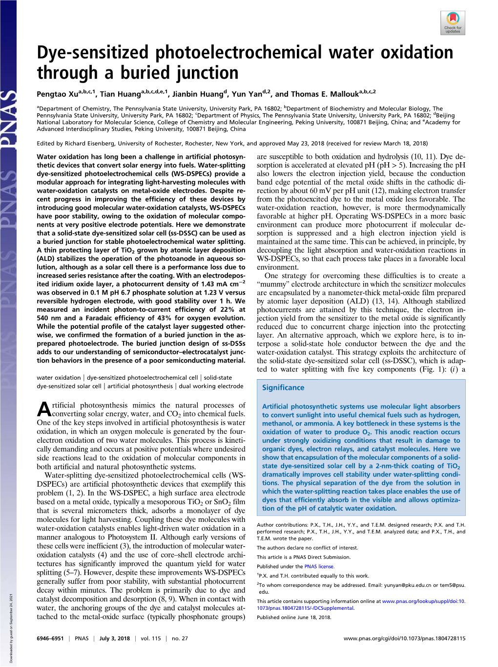 Dye-Sensitized Photoelectrochemical Water Oxidation Through a Buried Junction