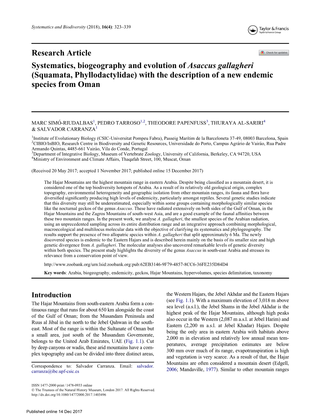 Systematics, Biogeography and Evolution of Asaccus Gallagheri (Squamata, Phyllodactylidae) with the Description of a New Endemic Species from Oman