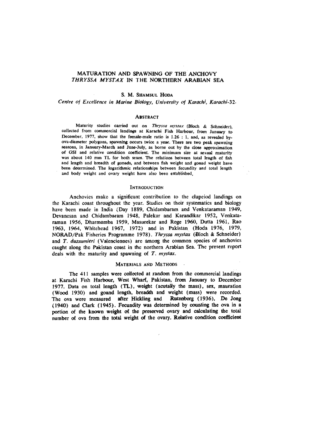 Maturation and Spawning of the Anchovy Thryssa Mystax in the Northern Arabian Sea