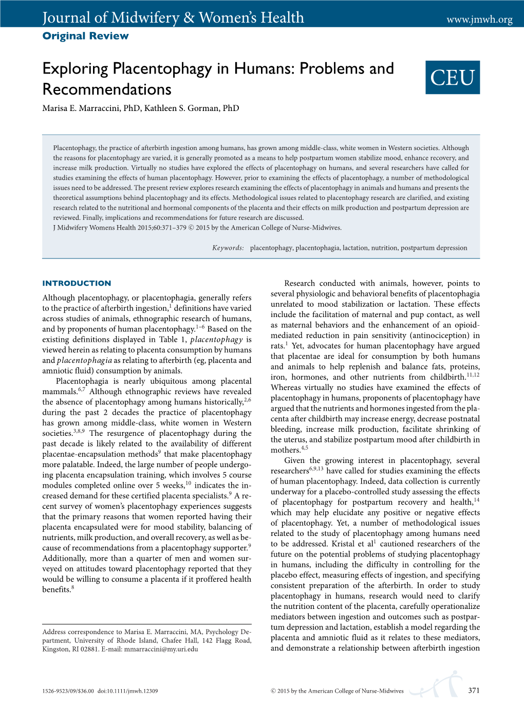 Exploring Placentophagy in Humans: Problems and Recommendations CEU Marisa E