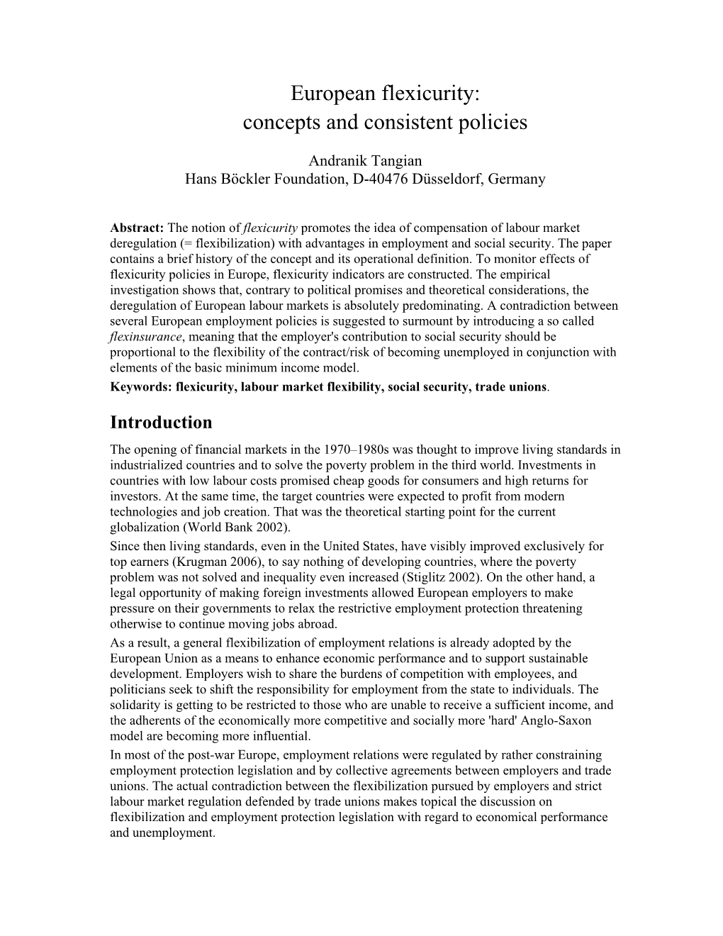 European Flexicurity: Concepts and Consistent Policies