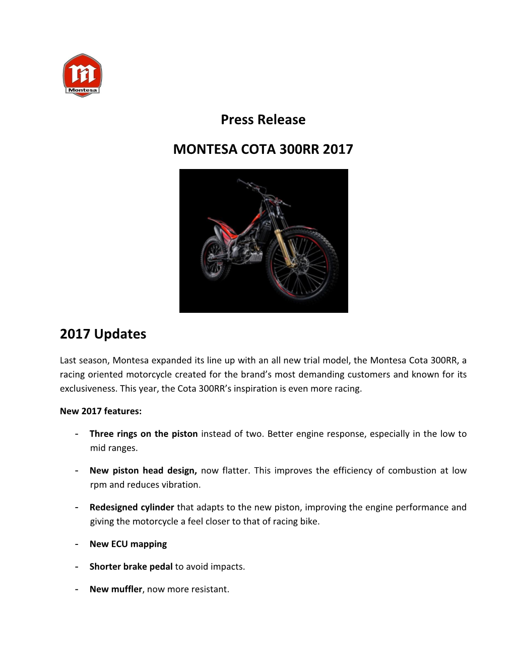 Press Release MONTESA COTA 300RR 2017 2017 Updates