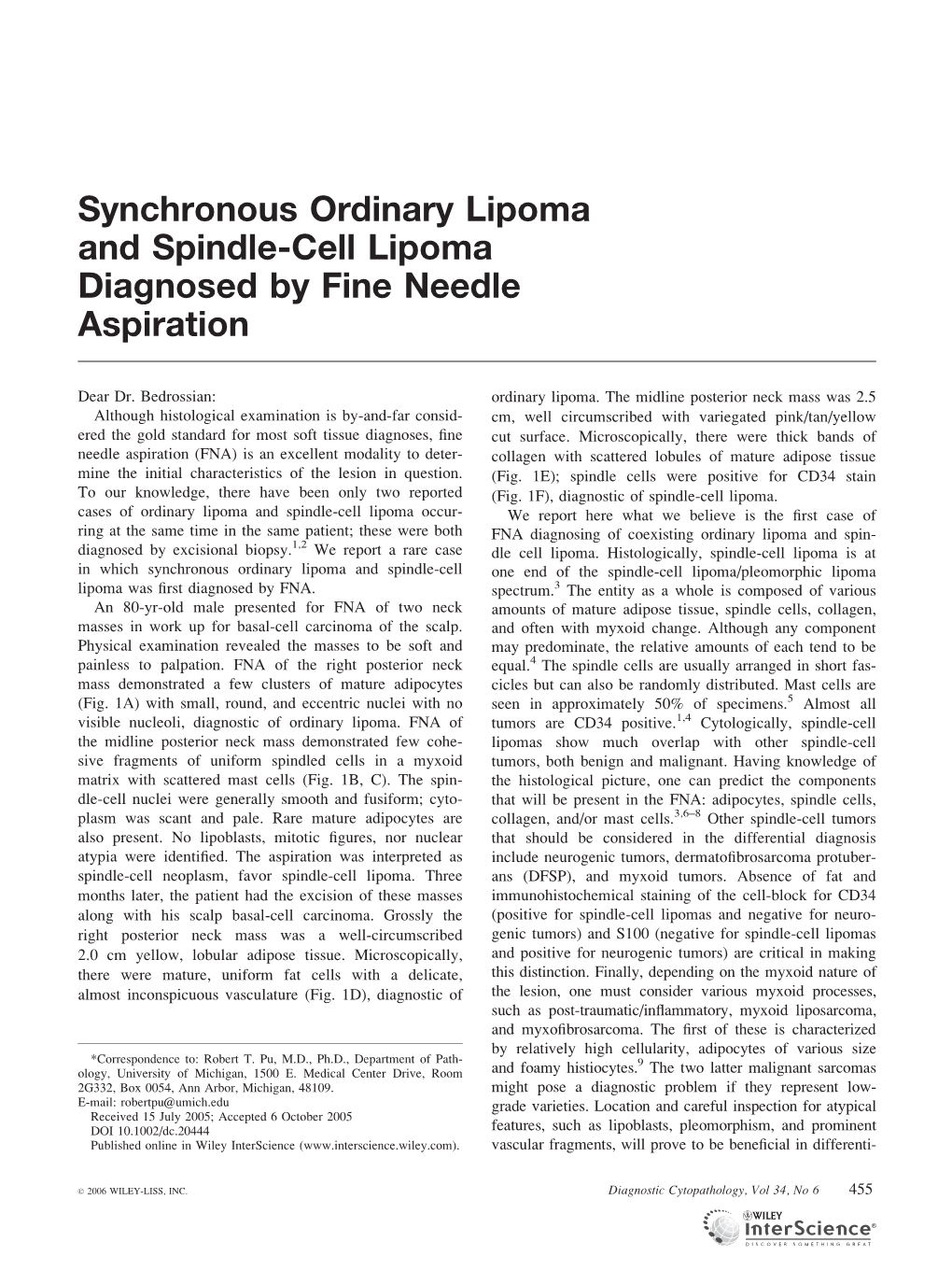 Synchronous Ordinary Lipoma and Spindle-Cell Lipoma Diagnosed by Fine Needle Aspiration