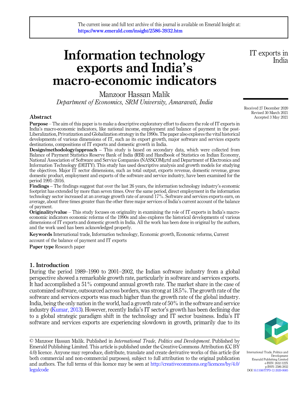 Information Technology Exports and India's Macro-Economic Indicators