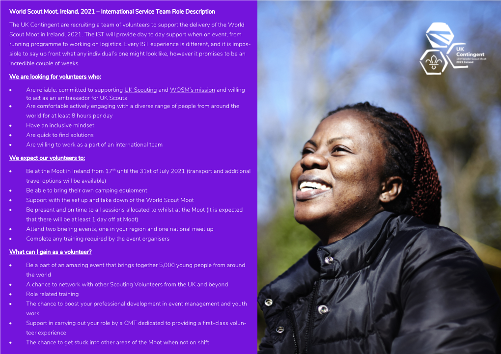 World Scout Moot, Ireland, 2021 – International Service Team Role Description the UK Contingent Are Recruiting a Team of Volun