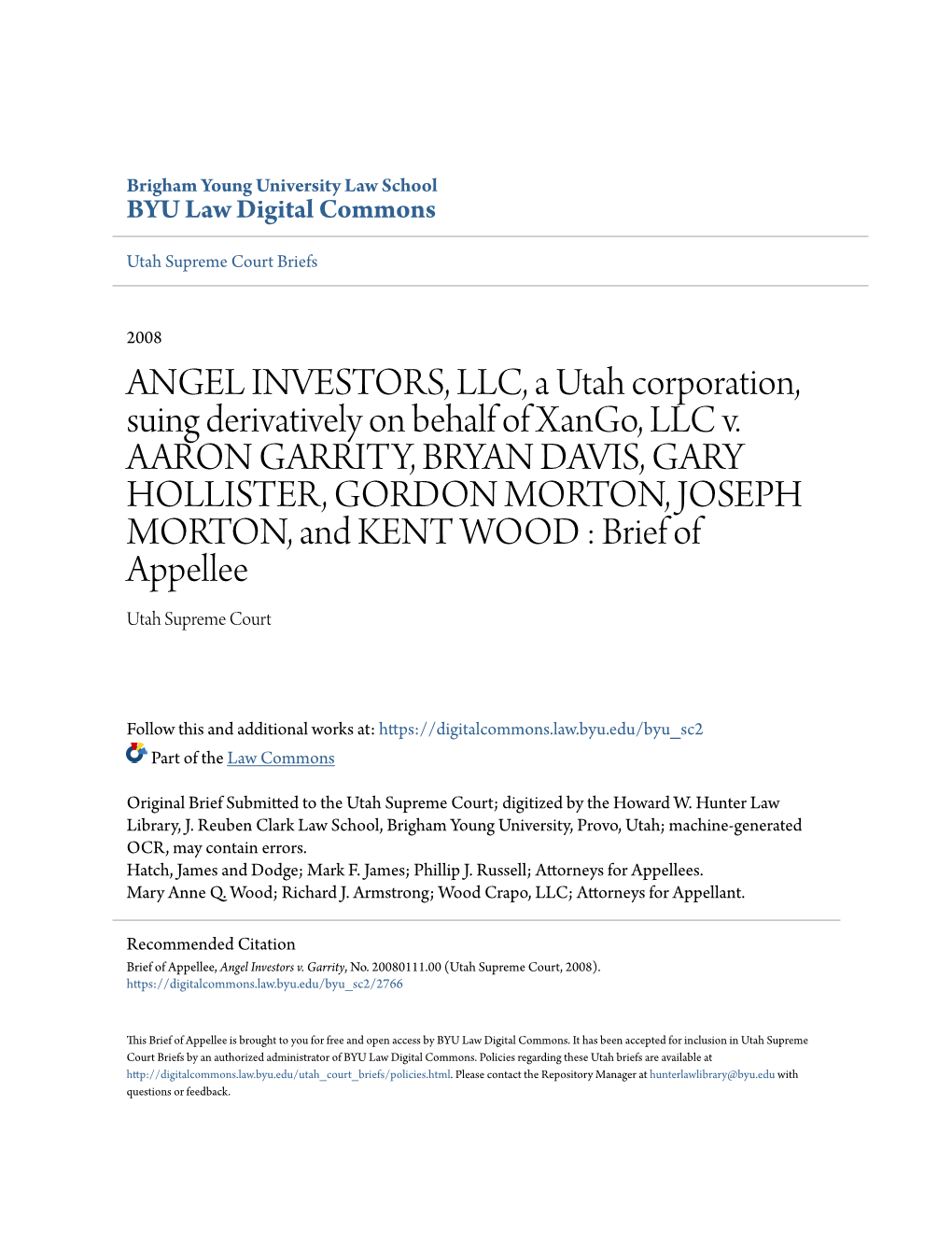 ANGEL INVESTORS, LLC, a Utah Corporation, Suing Derivatively on Behalf of Xango, LLC V