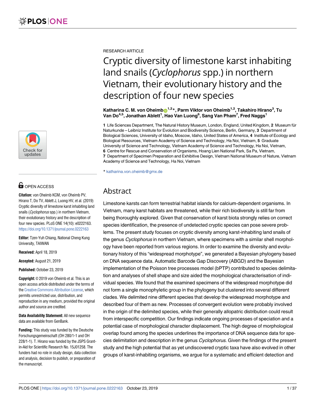 Cryptic Diversity of Limestone Karst Inhabiting Land Snails (Cyclophorus Spp.) in Northern Vietnam, Their Evolutionary History and the Description of Four New Species