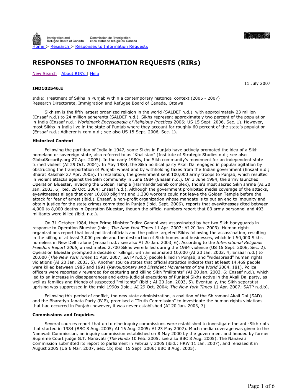 India: Treatment of Sikhs in Punjab Within a Contemporary Historical Context (2005 - 2007) Research Directorate, Immigration and Refugee Board of Canada, Ottawa