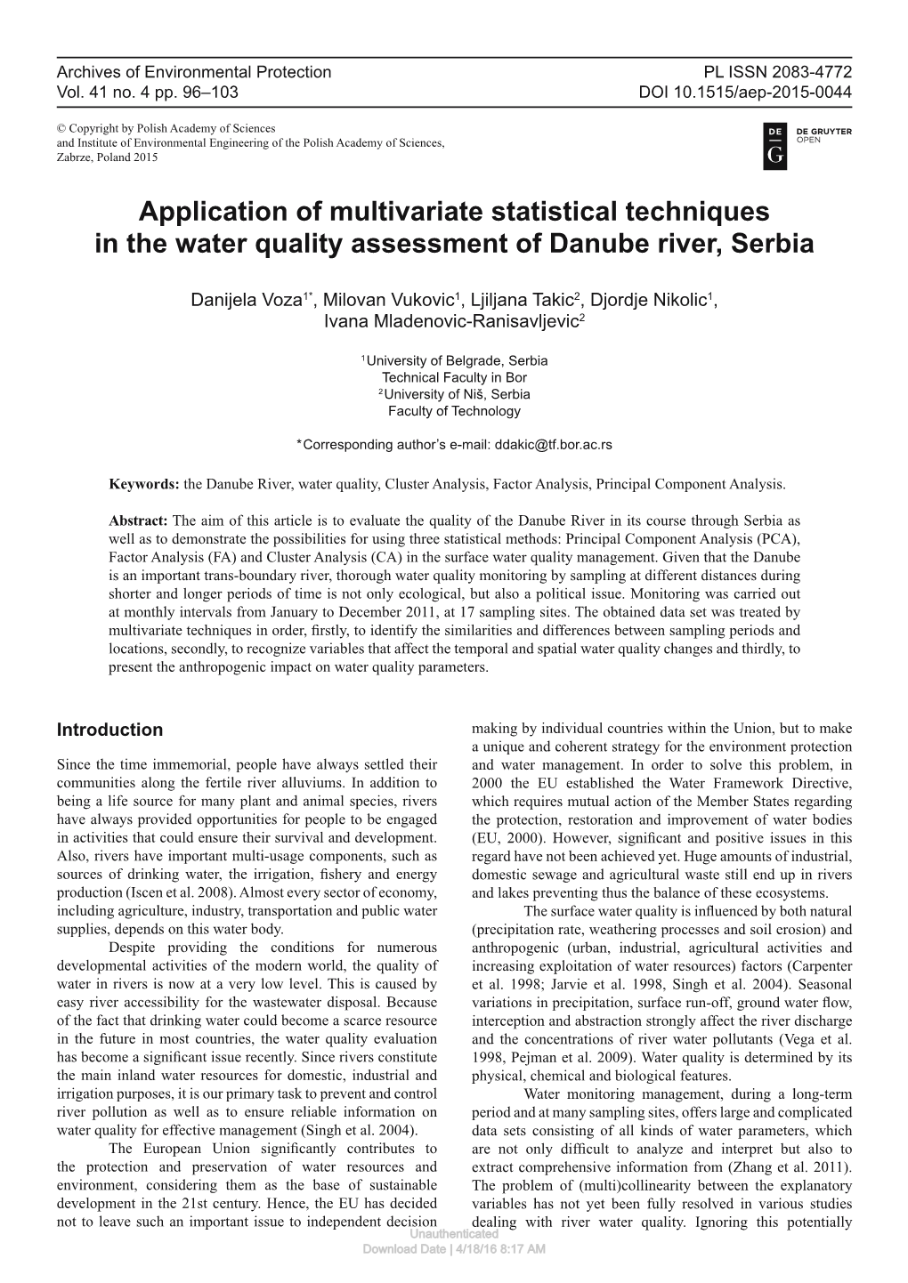 Application of Multivariate Statistical Techniques in the Water Quality Assessment of Danube River, Serbia