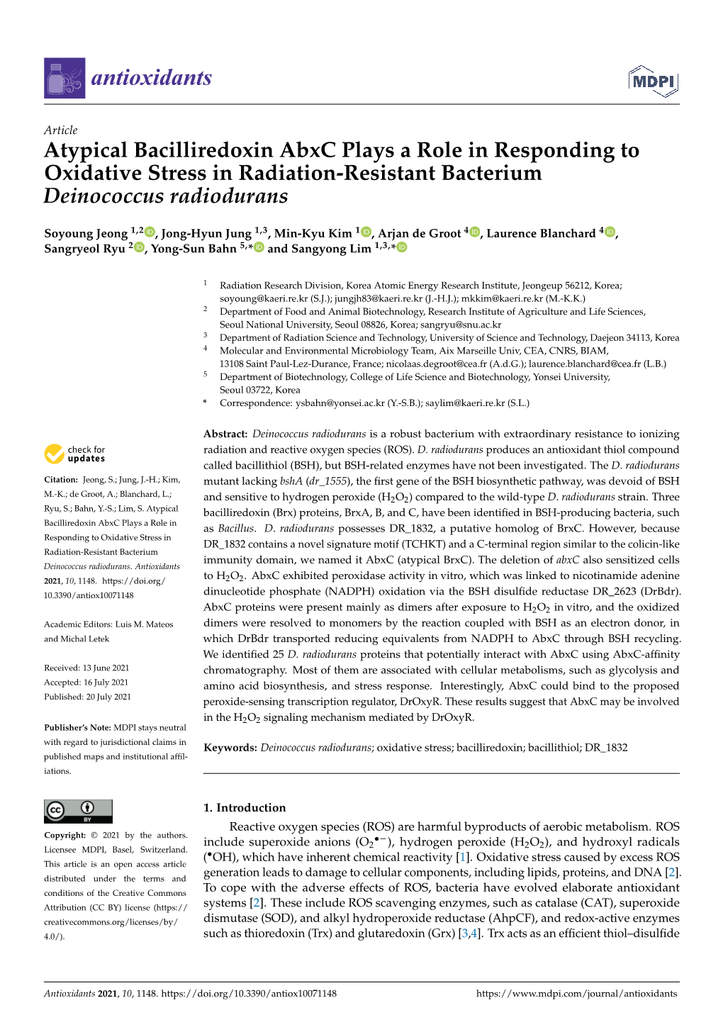 Atypical Bacilliredoxin Abxc Plays a Role in Responding to Oxidative Stress in Radiation-Resistant Bacterium Deinococcus Radiodurans