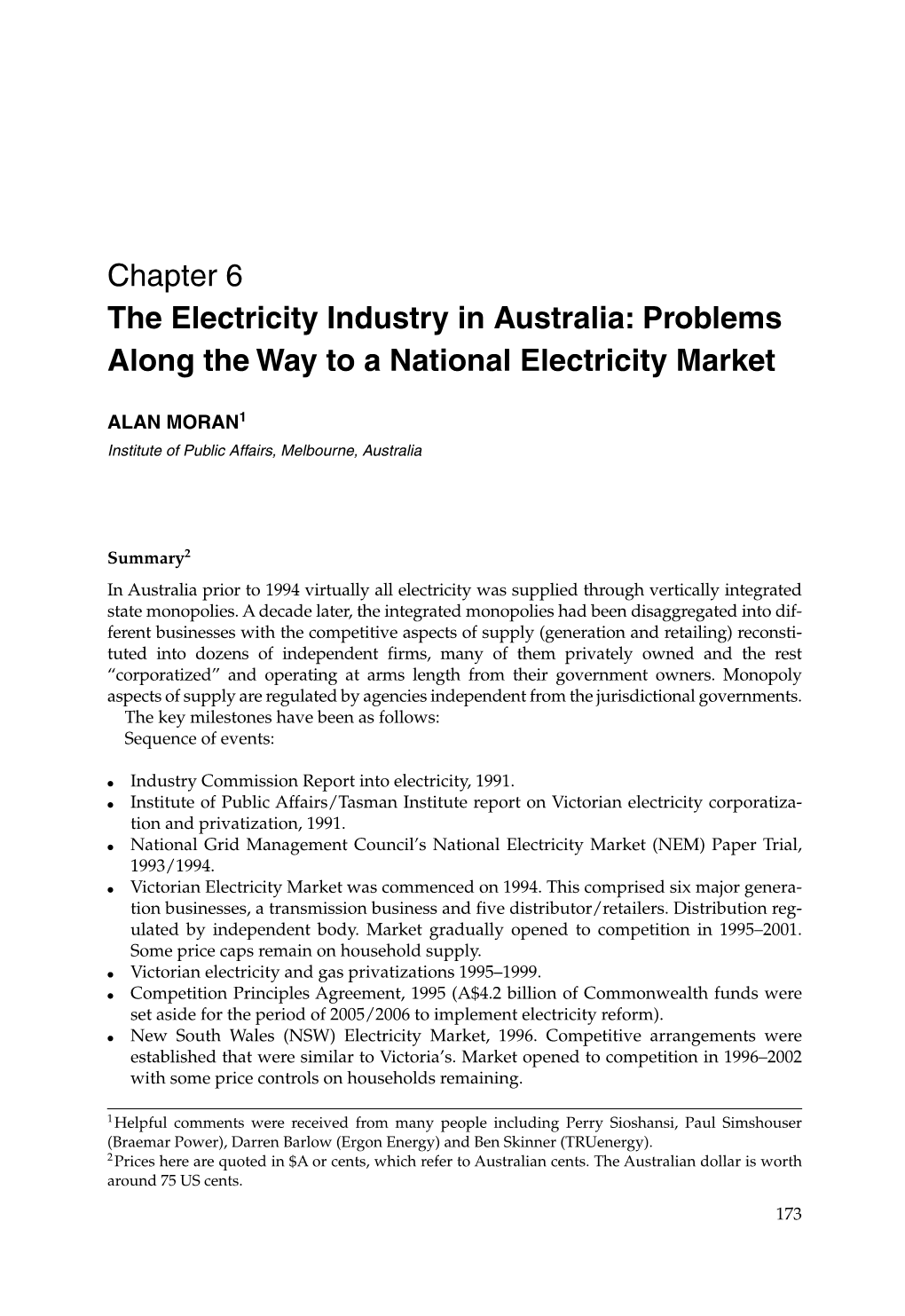 Problems Along the Way to a National Electricity Market