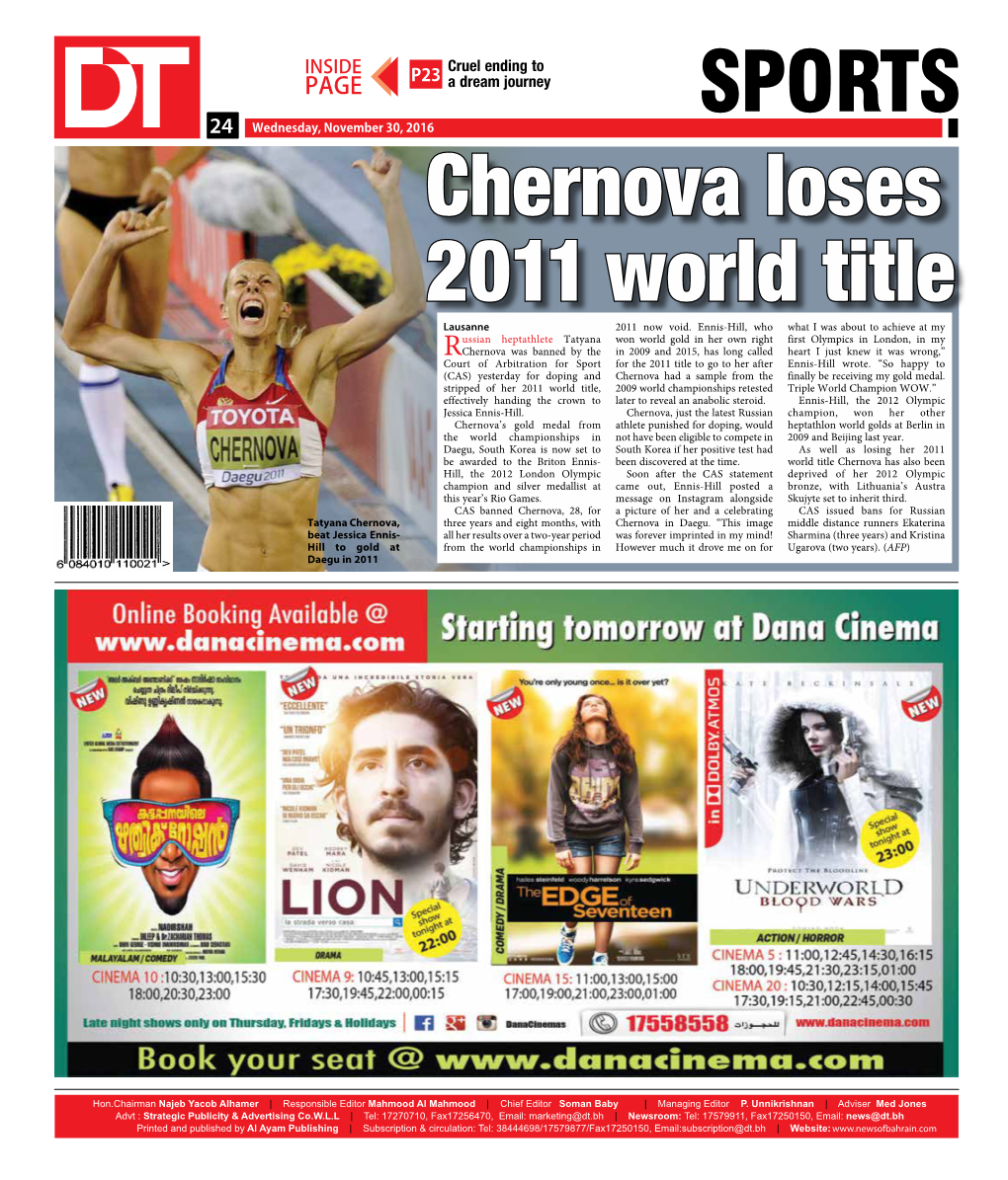 SPORTS 2424 Wednesday, November 30, 2016 Chernova Loses 2011 World Title Lausanne 2011 Now Void