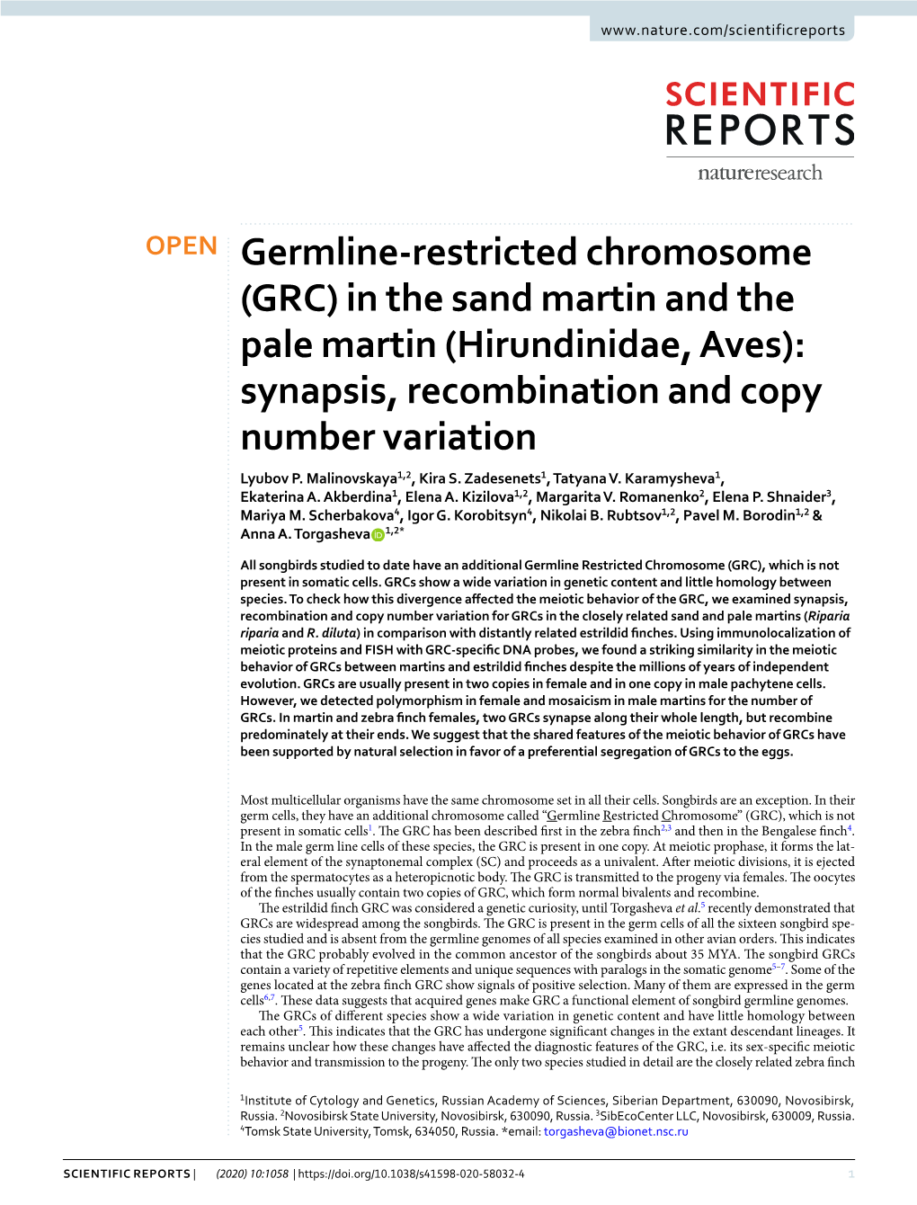 Germline-Restricted Chromosome (GRC) in the Sand Martin and the Pale Martin (Hirundinidae, Aves): Synapsis, Recombination and Copy Number Variation Lyubov P