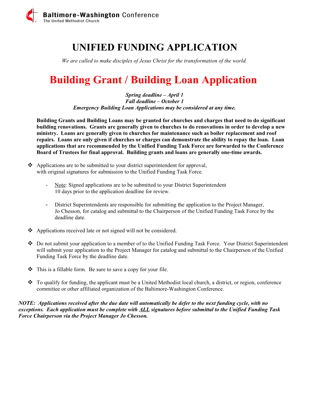 Unified Funding Building Grant /Building Loan Application