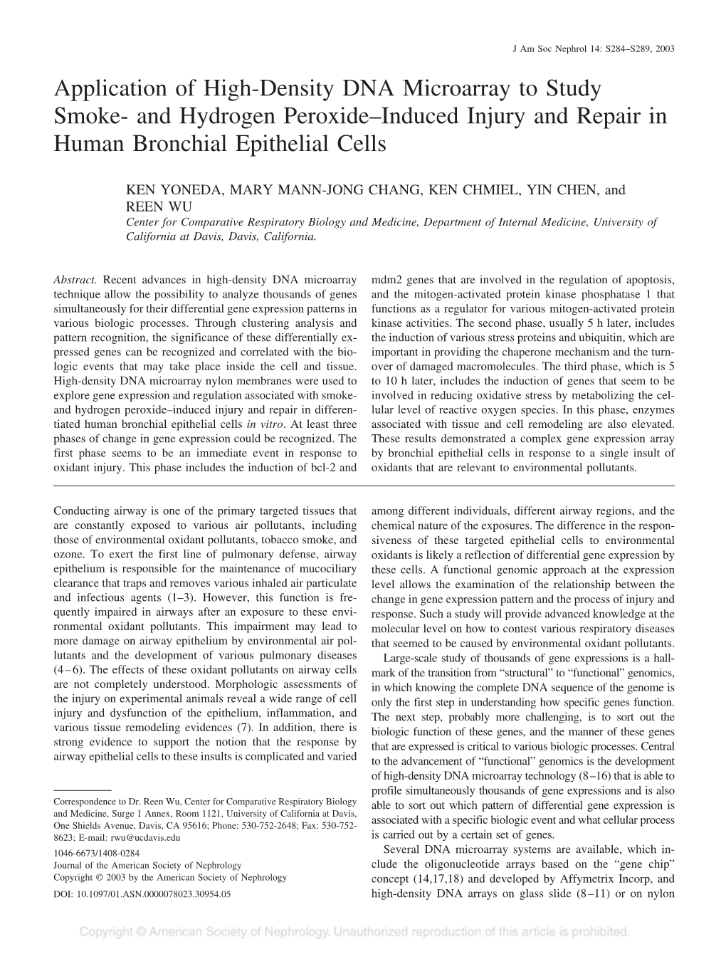 Application of High-Density DNA Microarray to Study Smoke- and Hydrogen Peroxide–Induced Injury and Repair in Human Bronchial Epithelial Cells