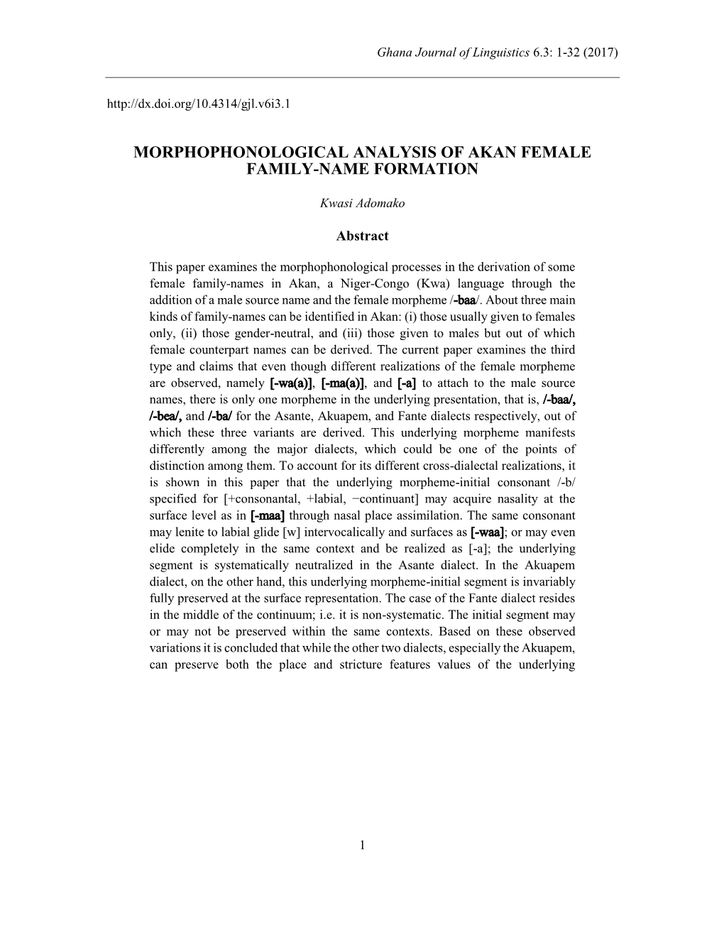 Morphophonological Analysis of Akan Female Family-Name Formation