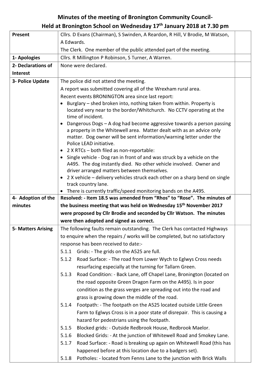 Minutes of the Meeting of Bronington Community Council- Held at Bronington School on Wednesday 17Th January 2018 at 7.30 Pm Present Cllrs