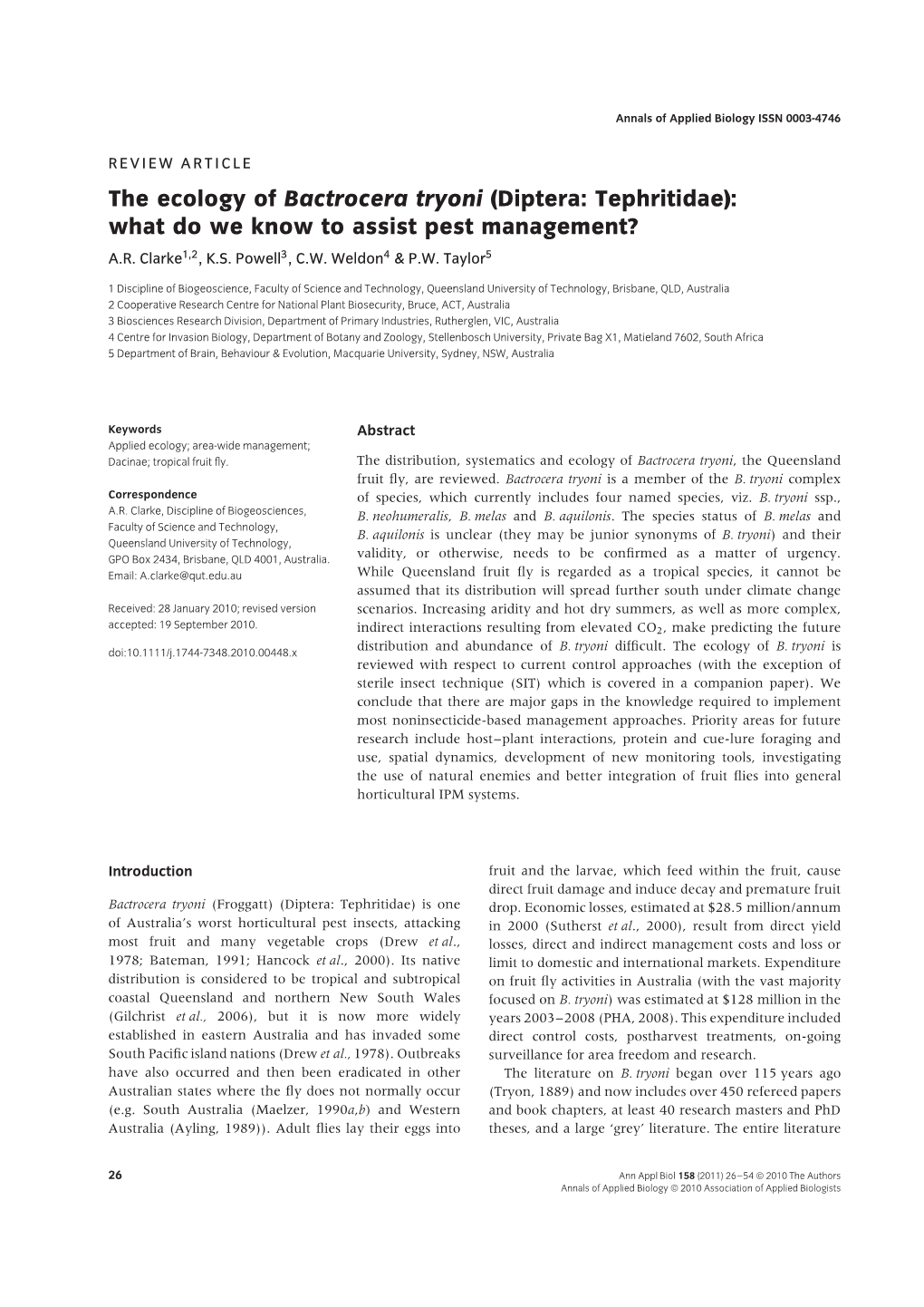 The Ecology of Bactrocera Tryoni (Diptera: Tephritidae): What Do We Know to Assist Pest Management? A.R