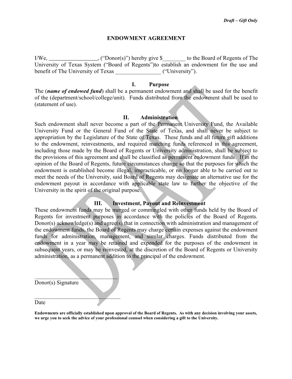 Sample Endowment Agreement