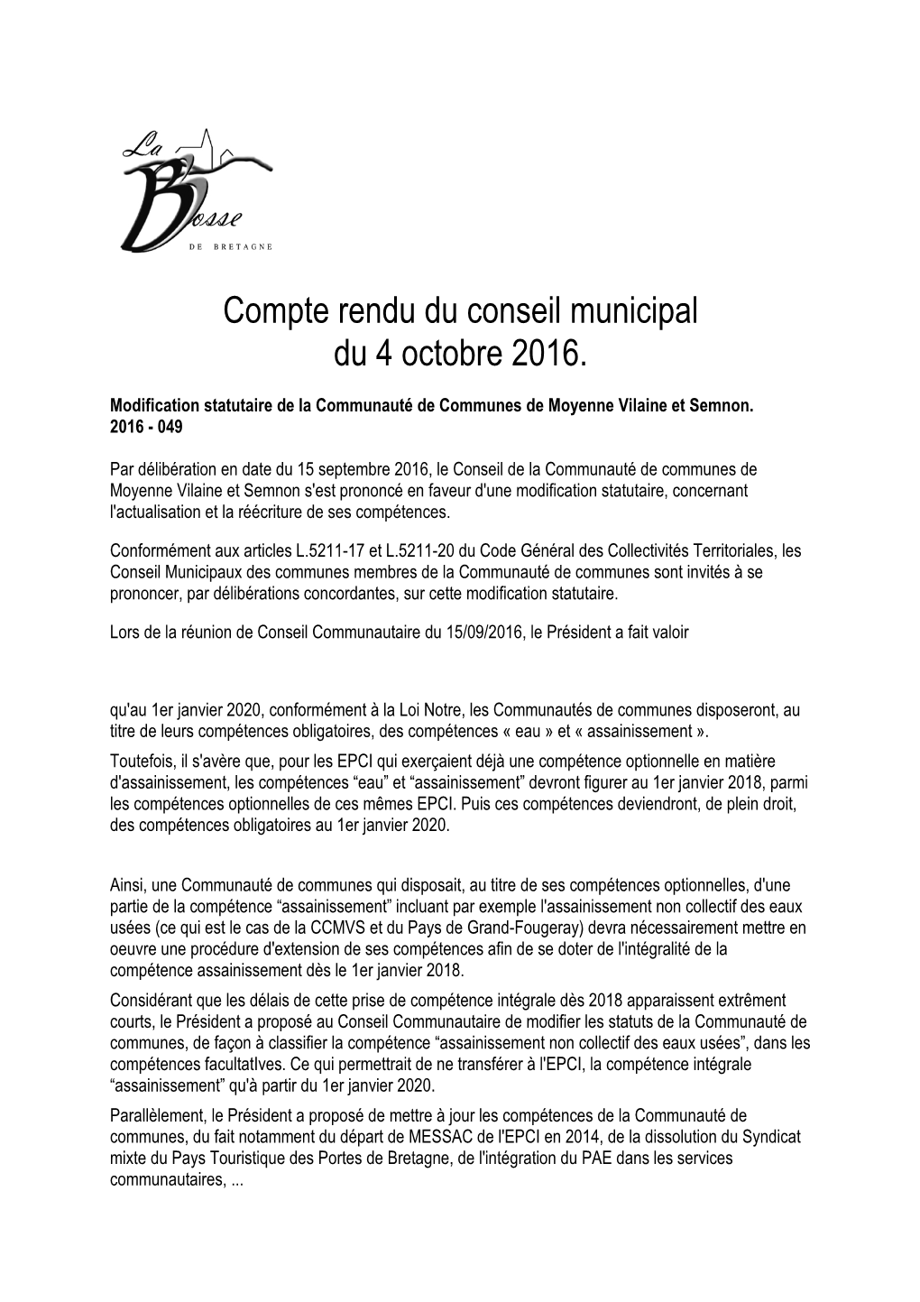 Compte Rendu Du Conseil Municipal Du 4 Octobre 2016