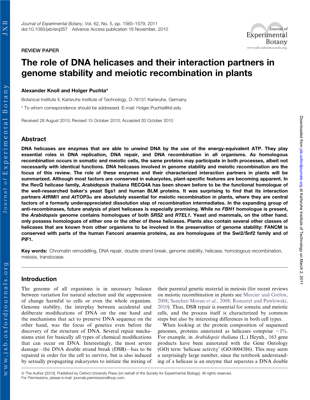 The Role of DNA Helicases and Their Interaction Partners in Genome Stability and Meiotic Recombination in Plants