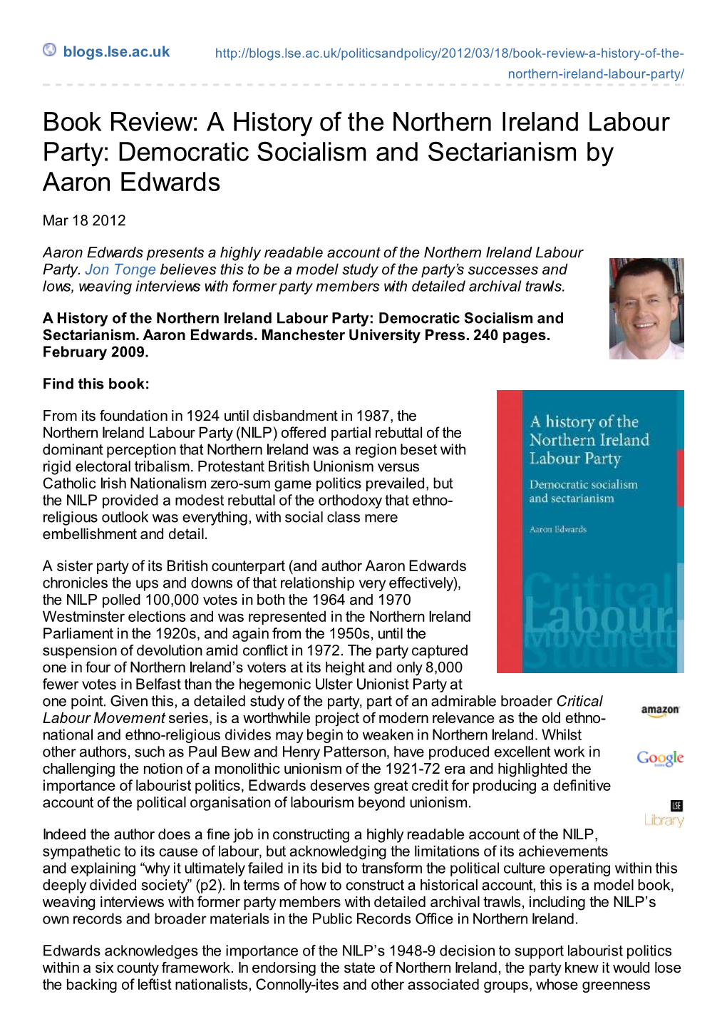 A History of the Northern Ireland Labour Party: Democratic Socialism and Sectarianism by Aaron Edwards