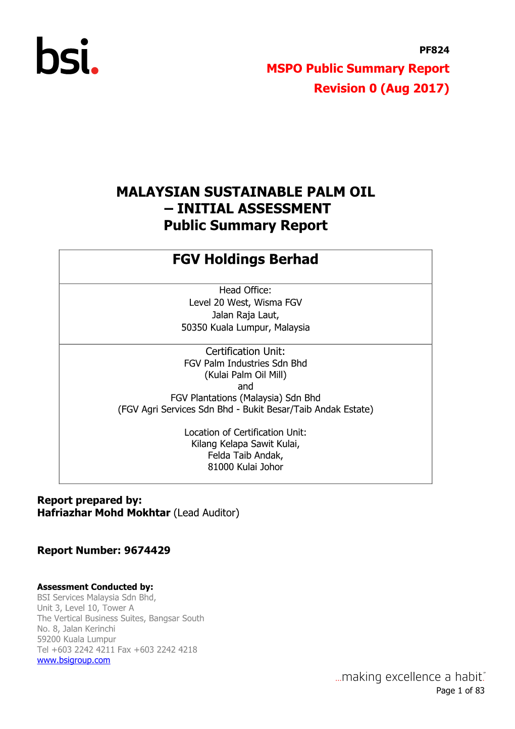 INITIAL ASSESSMENT Public Summary Report FGV