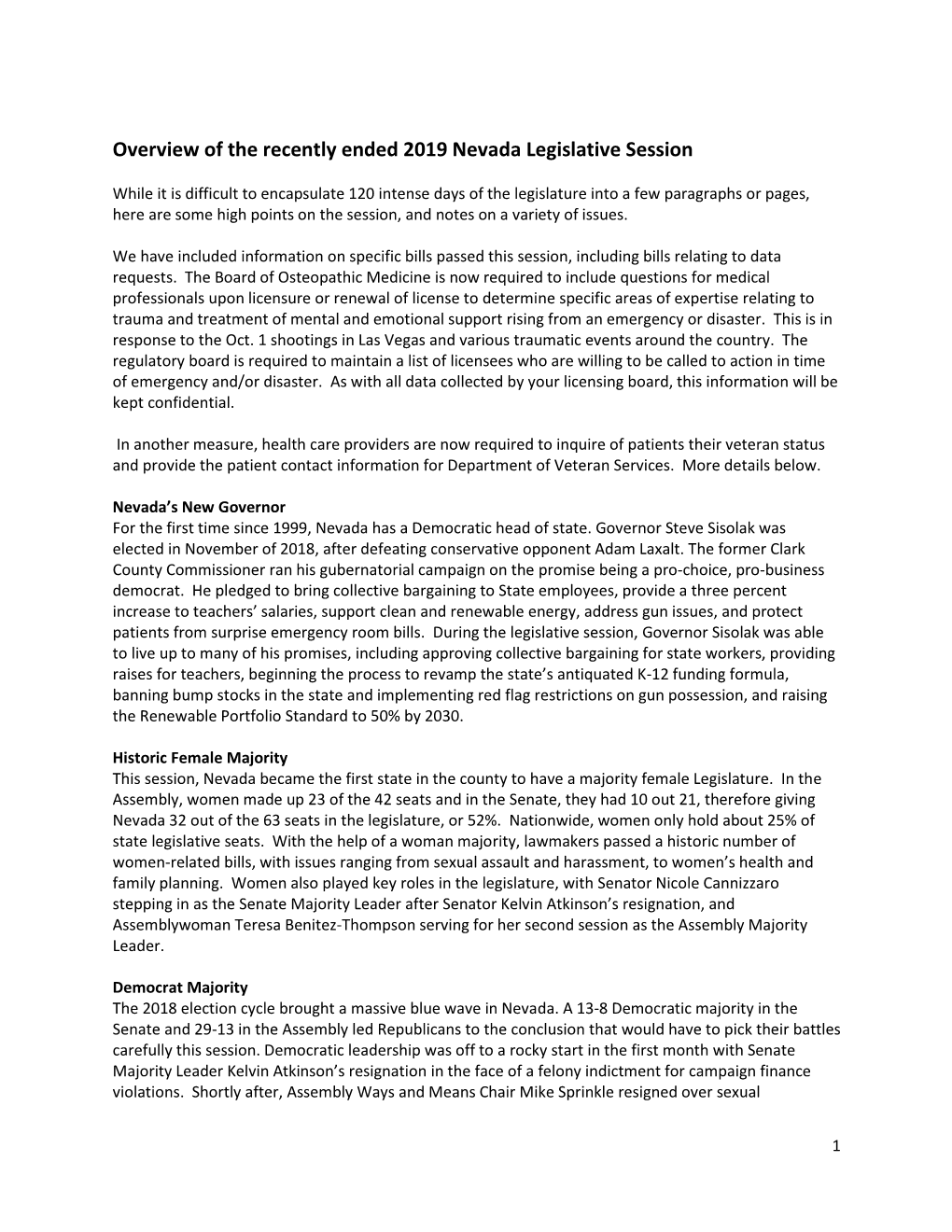 Overview of the Recently Ended 2019 Nevada Legislative Session