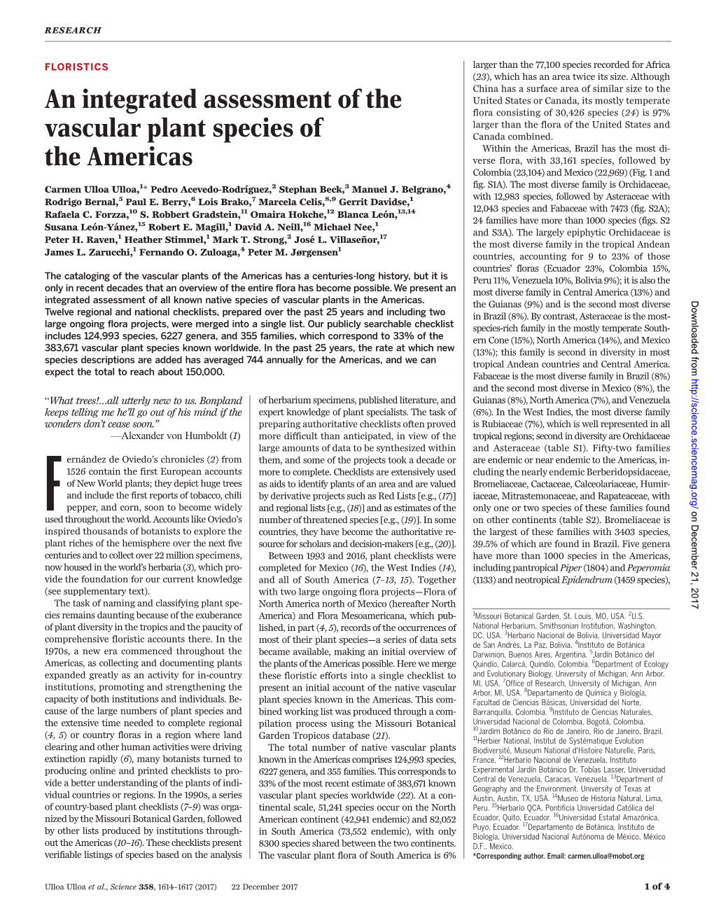 An Integrated Assessment of the Vascular Plant Species of the Americas Carmen Ulloa Ulloa, Pedro Acevedo-Rodríguez, Stephan Beck, Manuel J