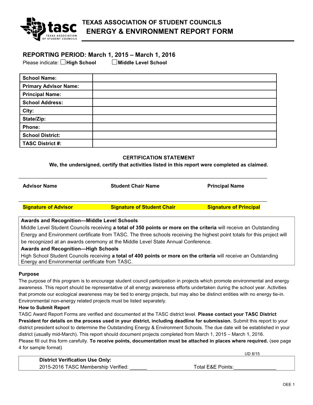 Tasc Outstanding Student Council Report Form