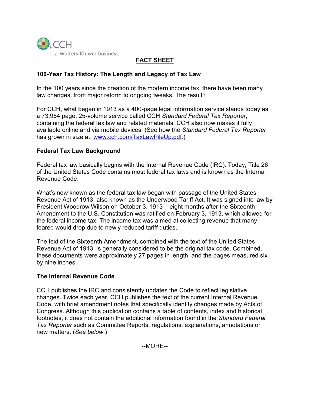 FACT SHEET 100-Year Tax History: the Length and Legacy of Tax Law