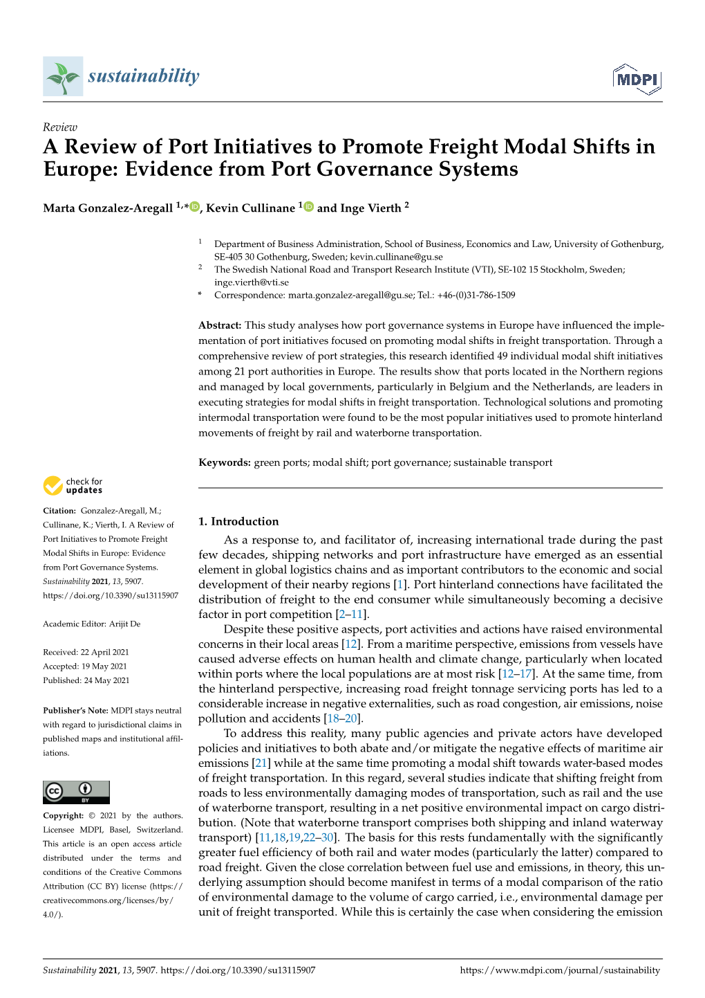 A Review of Port Initiatives to Promote Freight Modal Shifts in Europe: Evidence from Port Governance Systems