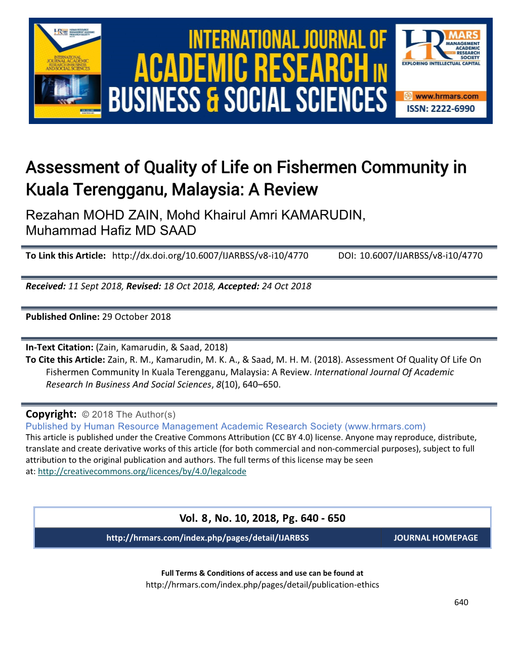 Assessment of Quality of Life on Fishermen Community in Kuala Terengganu, Malaysia: a Review