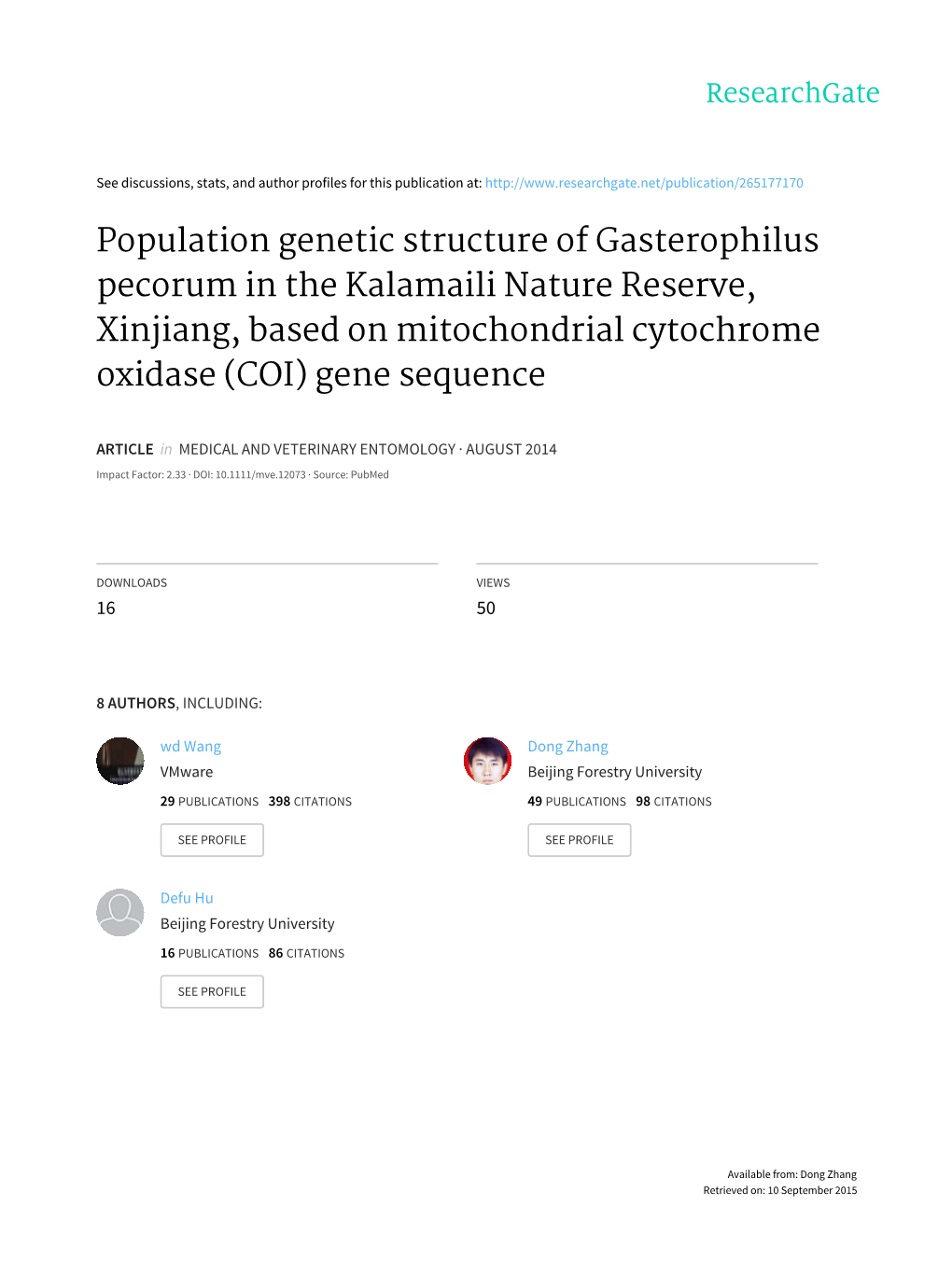 Population Genetic Structure of Gasterophilus Pecorum in the Kalamaili Nature Reserve, Xinjiang, Based on Mitochondrial Cytochrome Oxidase (COI) Gene Sequence