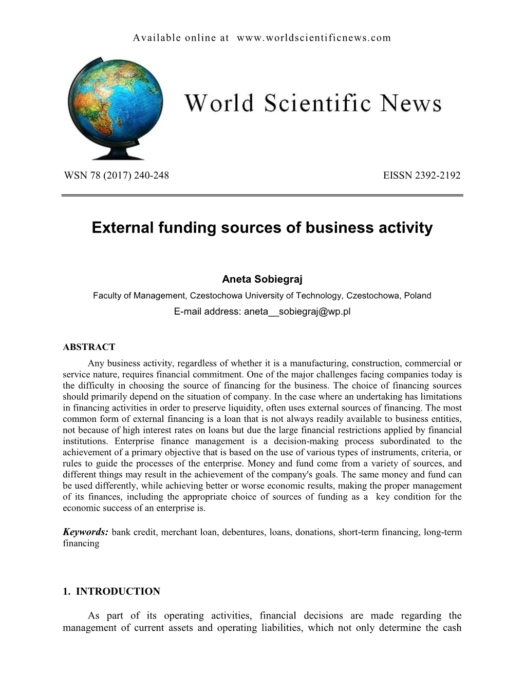 External Funding Sources of Business Activity