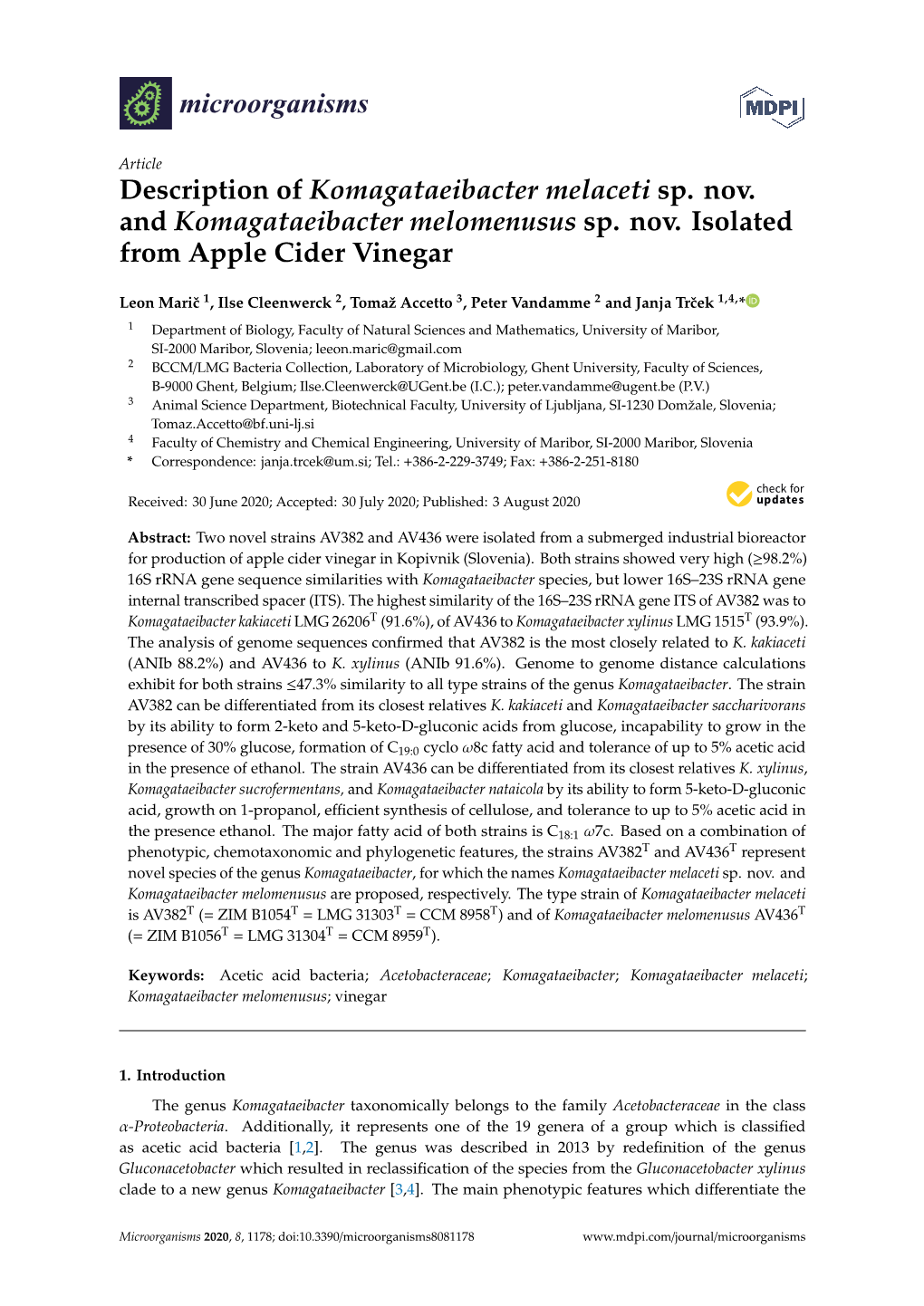 Description of Komagataeibacter Melaceti Sp. Nov. and Komagataeibacter Melomenusus Sp