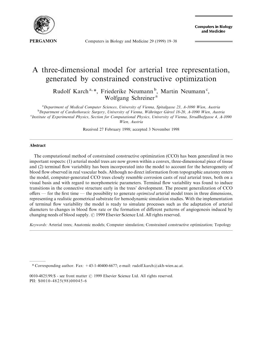 A Three-Dimensional Model for Arterial Tree Representation, Generated by Constrained Constructive Optimization